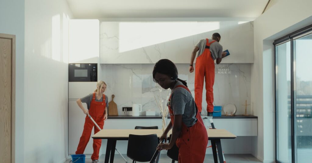 A diverse group of professionals cleaning a modern home interior.